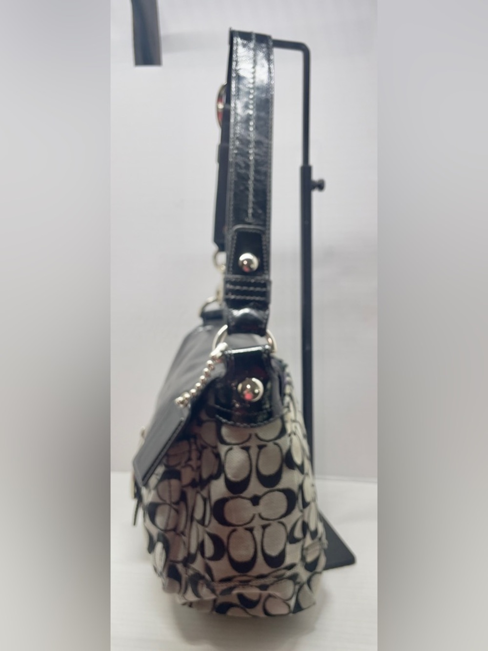 Coach Bleecker 2008 Signature Flap Shoulder Bag 12562 Black Patent Trim, Buckle - Picture 7 of 14